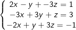 \left\{\begin{matrix}2x-y+-3x=1\\-3x+3y+z=3\\-2x+y+3z=-1\end{matrix}\right.